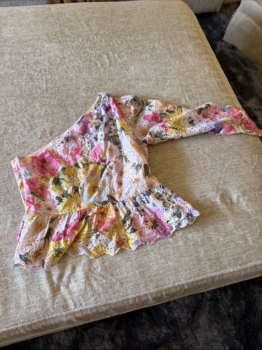 Express Floral Eyelet One-Shoulder Crop Top in Pink, Yellow, Purple